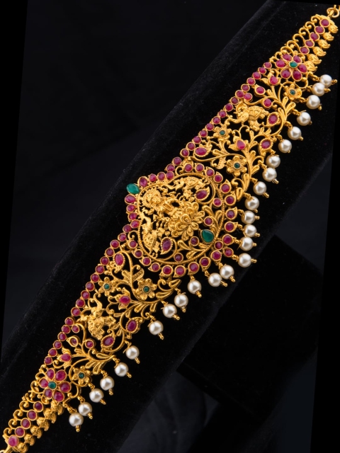 

Alankruthi Gold-Plated Pink & Green Stone-Studded Beaded Floral Lakshmi Design Kamarbandh
