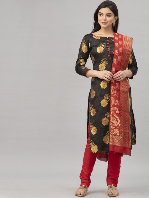 

Satrani Black & Red Poly Silk Unstitched Dress Material