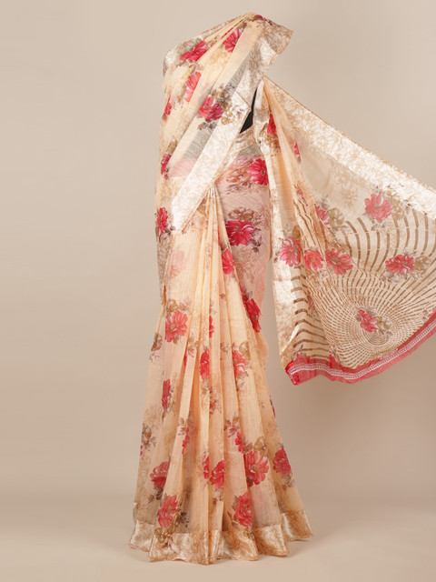 

Pothys Cream-Coloured & Pink Jute Silk Printed Saree