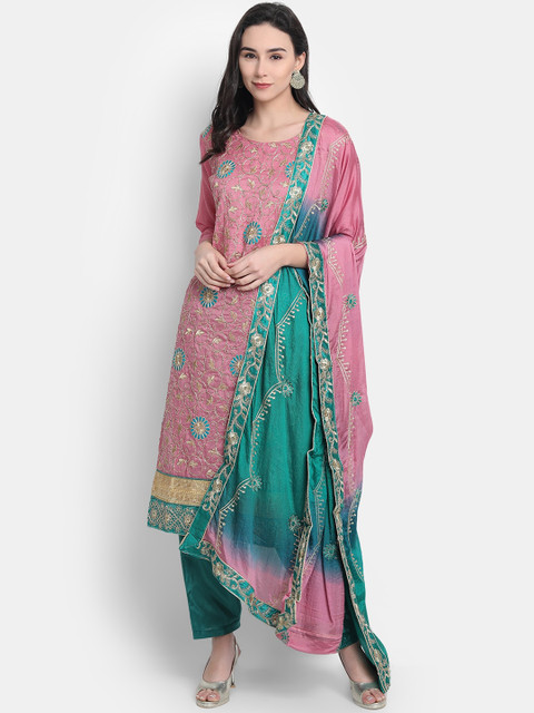 

7Threads Pink & Sea Green Raw Silk Semi-Stitched Dress Material