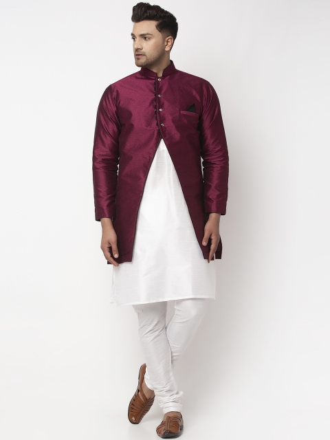 

Benstoke Men White & Burgundy Self-Design Sherwani Set