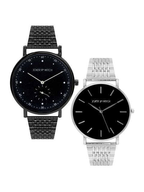 

JOKER & WITCH Black & Silver-Toned Antony & Cleopatra Couple Watch Gift Set-JWCW174