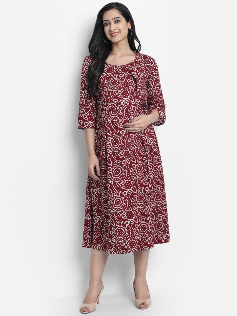 

Aaruvi Ruchi Verma Women Maroon & White Printed Maternity Fit and Flare Dress