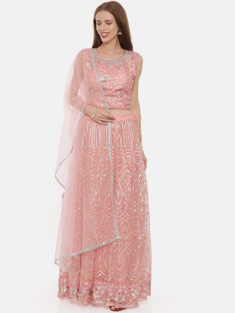 

Neerus Peach-Coloured & Silver-Toned Embellished Ready to Wear Lehenga & Blouse with Dupatta