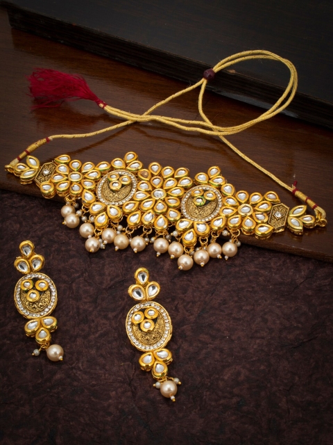 

Sukkhi Gold-Plated White Kundan-Studded & Pearl Beaded Sustainable Jewellery Set