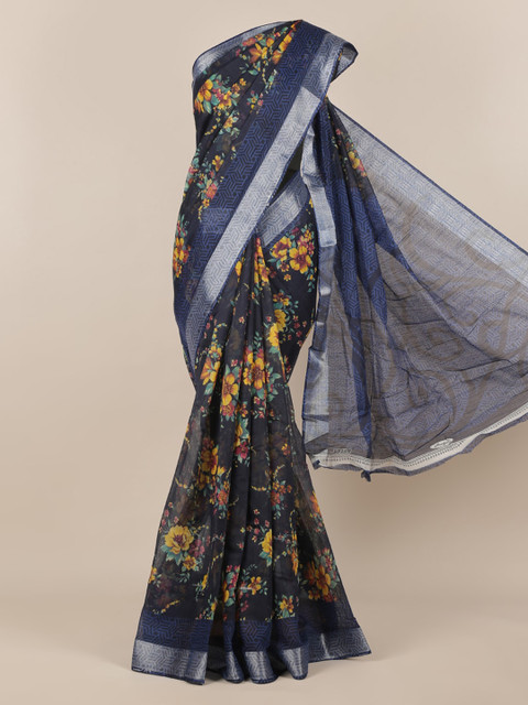 

Pothys Navy Blue Printed Jute Silk Saree