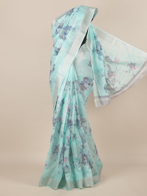 Pothys Blue Printed Jute Silk Saree