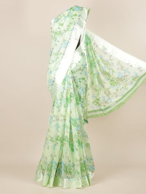 

Pothys Green & Silver-Toned Jute Silk Printed Saree
