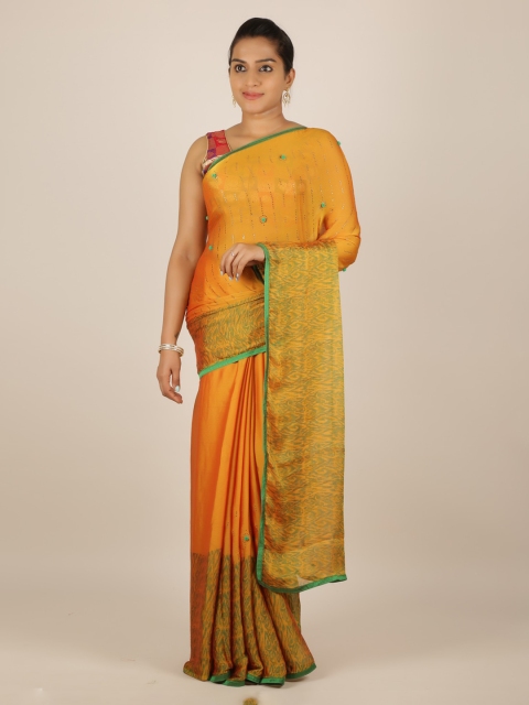 

Pothys Mustard & Green Poly Chiffon Embellished Saree