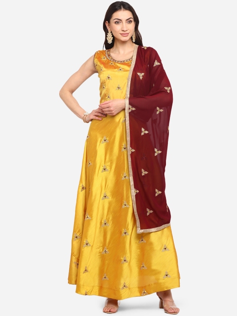 

BOMBAY SELECTIONS Women Yellow & Maroon Embroidered Kurta with Churidar & Dupatta