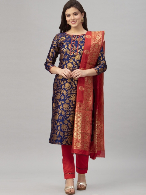 

Satrani Navy Blue & Red Poly Silk Unstitched Dress Material