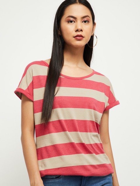 

max Women Beige Striped Round Neck T-shirt