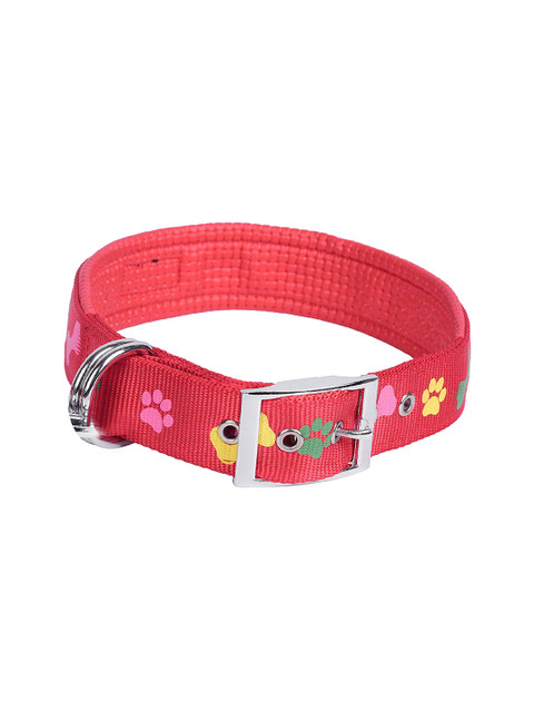 

PETS EMPIRE Red PU Leather Padded Paws Printed Dog Collar
