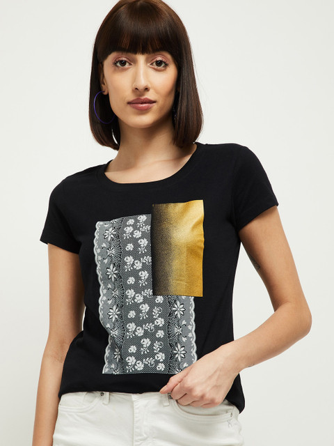 

max Women Black Printed Round Neck Cotton T-shirt