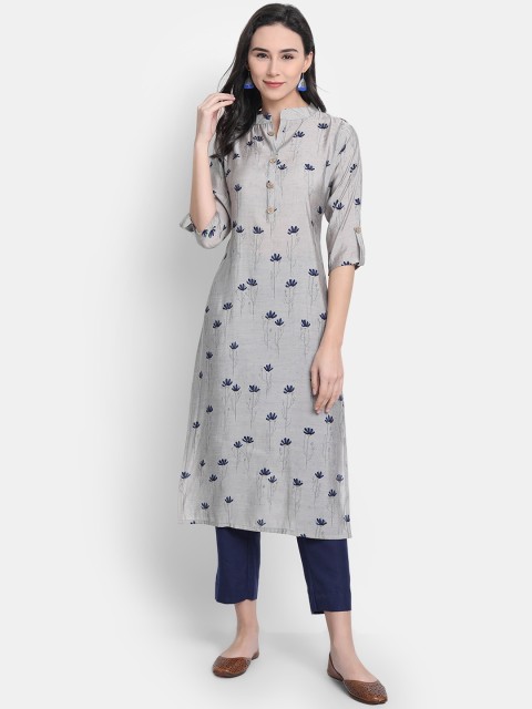 

7Threads Women Grey Floral Printed Chanderi Silk Kurta