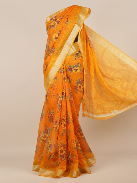 

Pothys Mustard Yellow & Silver-Toned Jute Silk Printed Saree