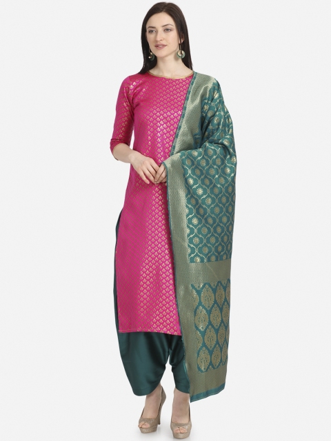 

Satrani Pink & Teal Poly Silk Unstitched Dress Material