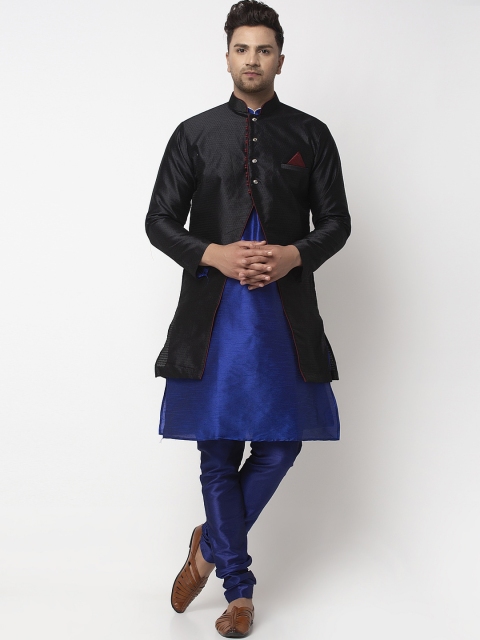 

Benstoke Men Black & Blue Self-Design Sherwani Set