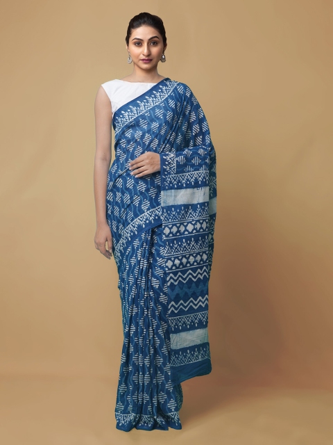 

Unnati Silks Blue Pure Cotton Dyed Dabu Saree
