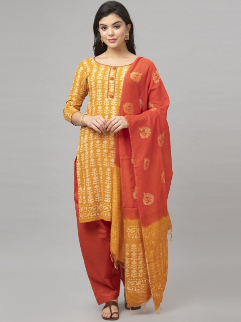Satrani Mustard & Orange Pure Cotton Unstitched Dress Material