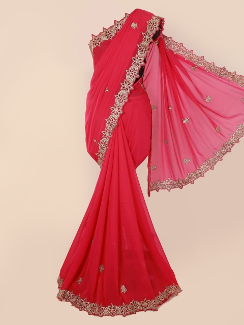 

Pothys Pink & Gold-Toned Pure Georgette Embroidered Saree