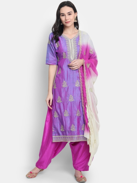 

7Threads Purple & White Raw Silk Semi-Stitched Dress Material