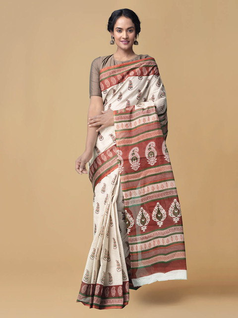 

Unnati Silks Cream-Coloured & Maroon Pure Cotton Printed Handloom Kovai Saree