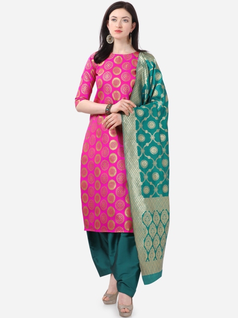 

Satrani Pink & Teal Poly Silk Unstitched Dress Material