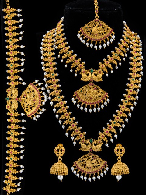 

Alankruthi Gold-Plated & Pink Stone Studded & Beaded Temple Jewellery Set