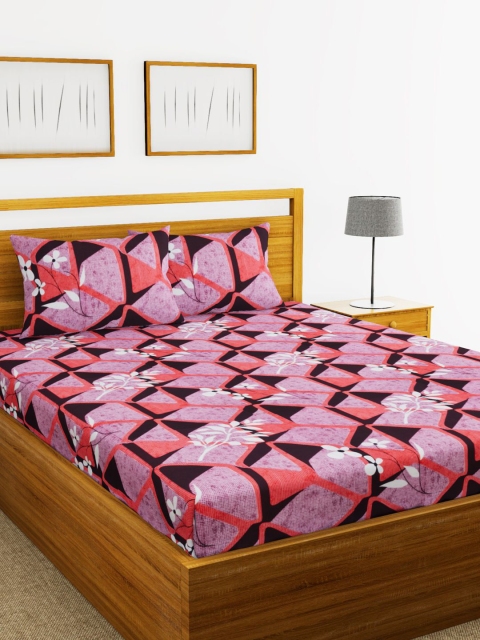 

BIANCA Pink & White Abstract 144 TC Cotton 1 King Bedsheet with 2 Pillow Covers