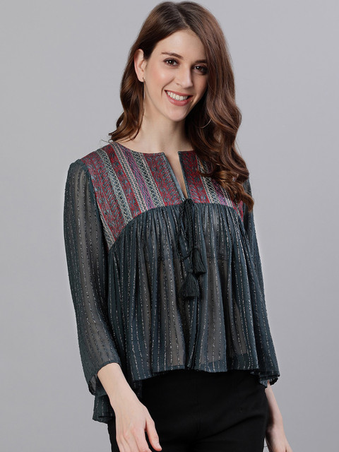 

Ishin Women Green Embroidered Top