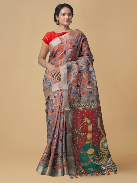 

Unnati Silks Grey Linen Blend Printed Jamdani Saree