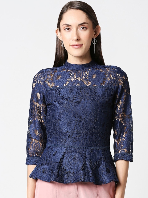 

Kraus Jeans Women Blue Floral Lace Peplum Top