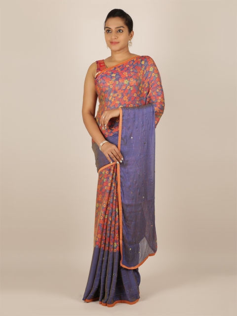 

Pothys Blue Floral Printed Poly Chiffon Saree