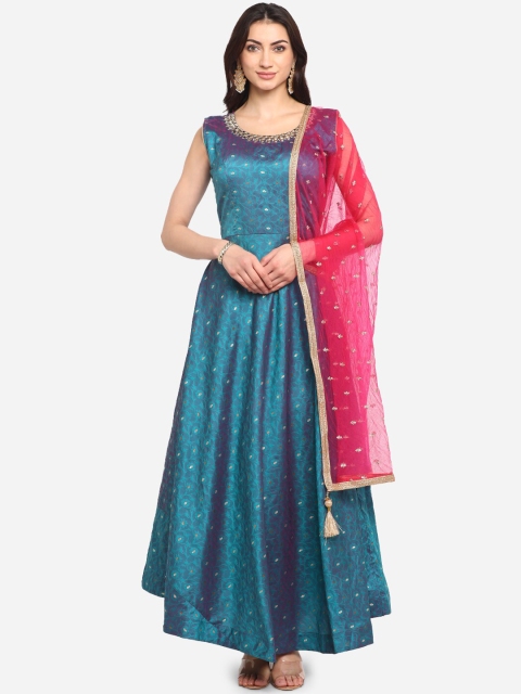 

BOMBAY SELECTIONS Women Blue & Pink Woven Design Kurta with Churidar & Dupatta