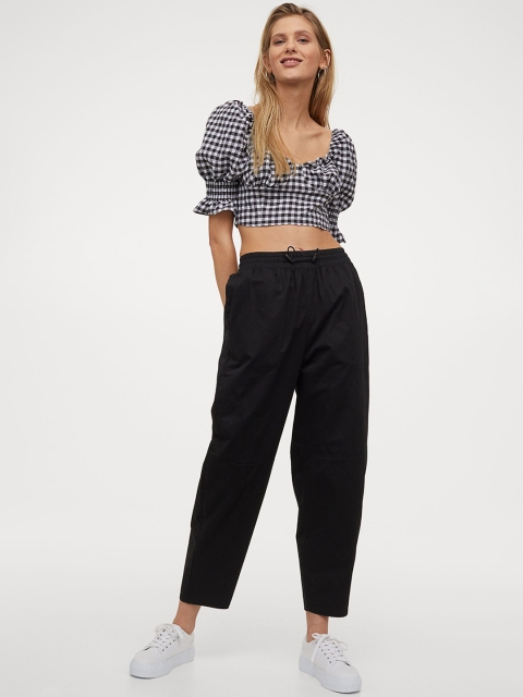 

H&M Women Black Cotton drawstring trousers