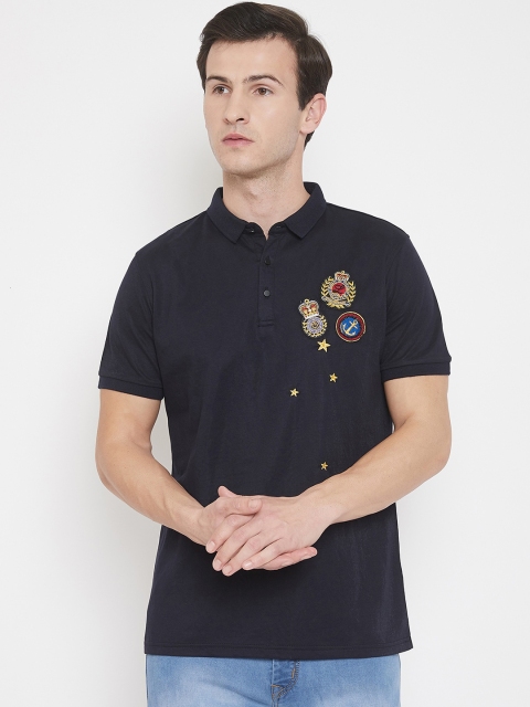

QUBIC Men Navy Blue Self Design Polo Collar T-shirt