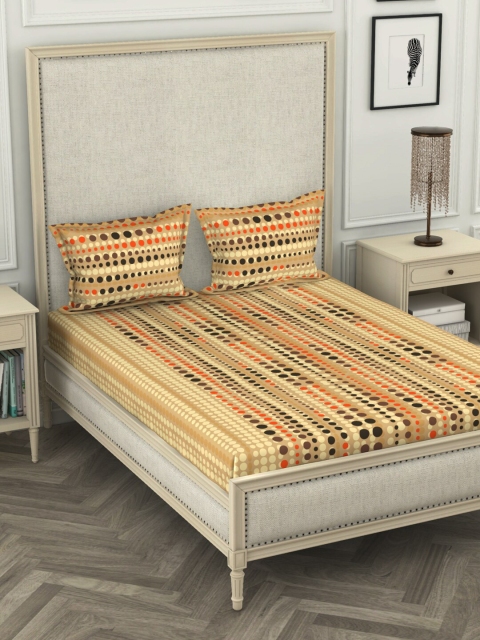 

BIANCA Beige & Orange Geometric 110 TC Cotton 1 King Bedsheet with 2 Pillow Covers
