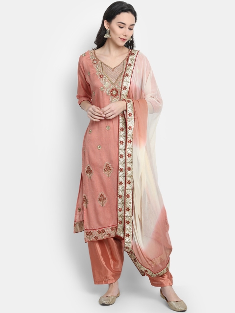 

7Threads Peach-Coloured Raw Silk Semi-Stitched Dress Material