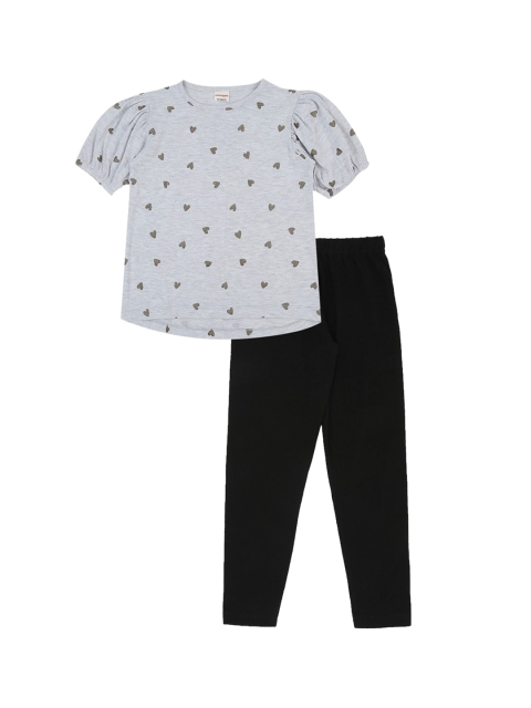 

RAINE AND JAINE Girls Grey Melange & Black Printed T-shirt with Leggings
