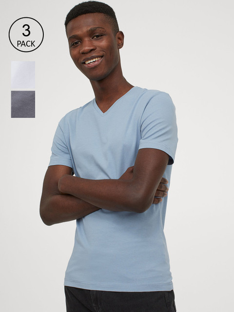 

H&M Men Blue & Grey Solid 3-pack T-shirts Slim Fit