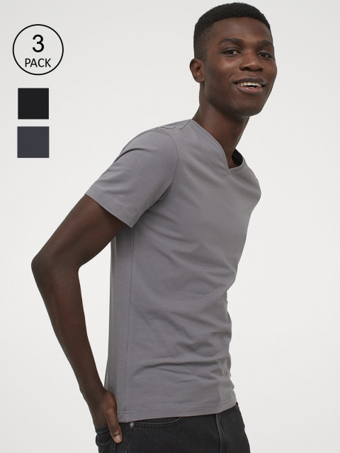 

H&M Men Grey & Black Pack of 3 Slim Fit T-shirts