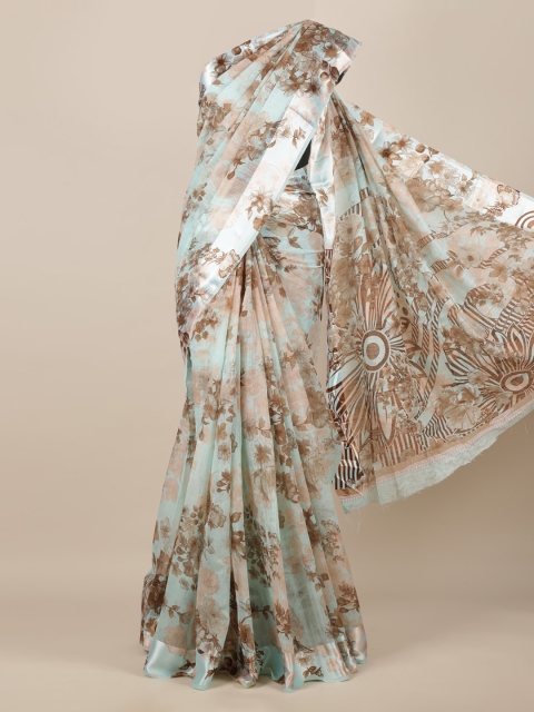 

Pothys Turquoise Blue & Brown Jute Silk Printed Saree