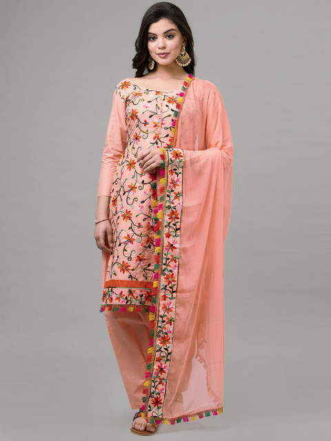 

Satrani Peach-Coloured & Green Embroidered Pure Cotton Unstitched Dress Material