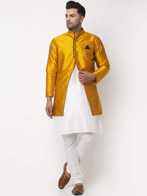 

Benstoke Men White & Mustard Yellow Self-Design Sherwani Set