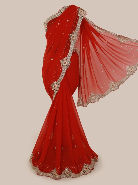 

Pothys Red & Gold-Toned Pure Georgette Embellished Saree