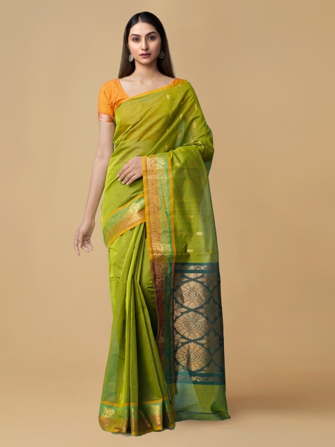 

Unnati Silks Green Silk Blend Solid Venkatgiri Saree