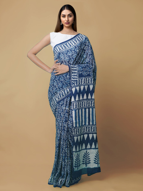 

Unnati Silks Blue Pure Cotton Printed Dabu Saree