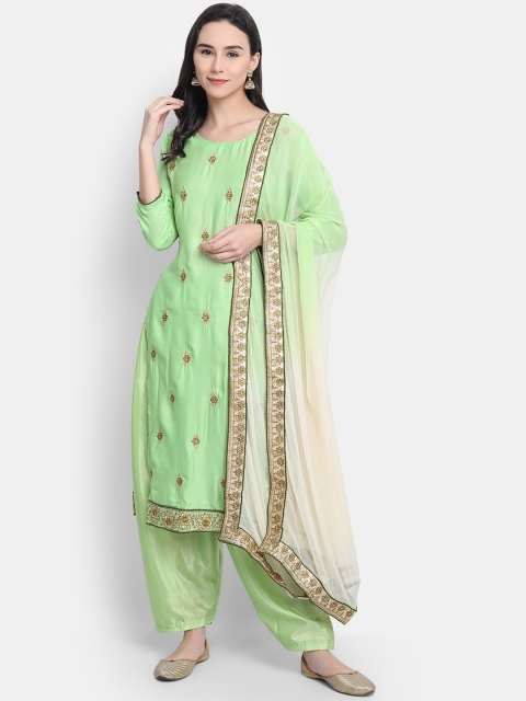 

7Threads Lime Green & Gold-Toned Raw Silk Semi-Stitched Dress Material