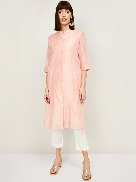 

Melange by Lifestyle Women Pink & White Woven Design Kurta with Trousers